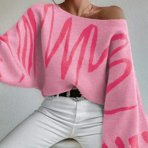 Pink Casual Women's Contrast Pattern Bat Wing Sweater - Picture 1 of 4
